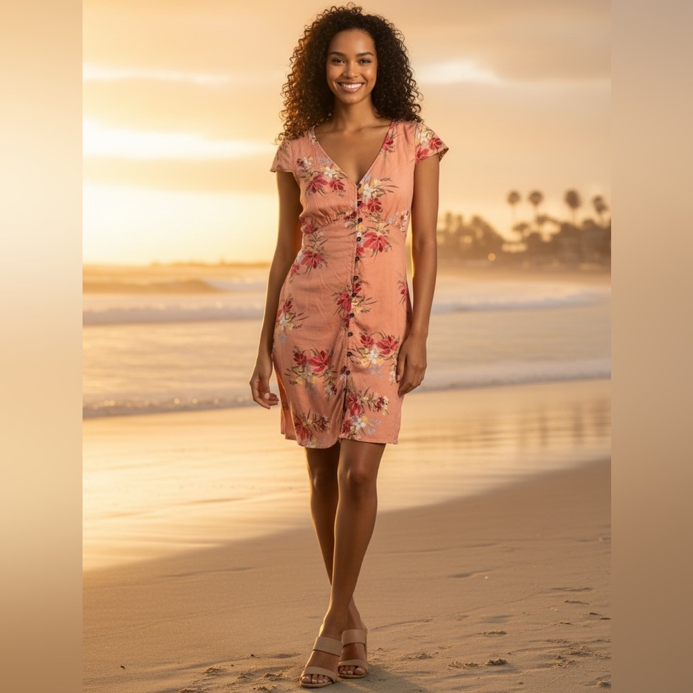 Pink Rose Floral Print Mini Dress Button Up Size S BOHO Women’s Lightweight EUC